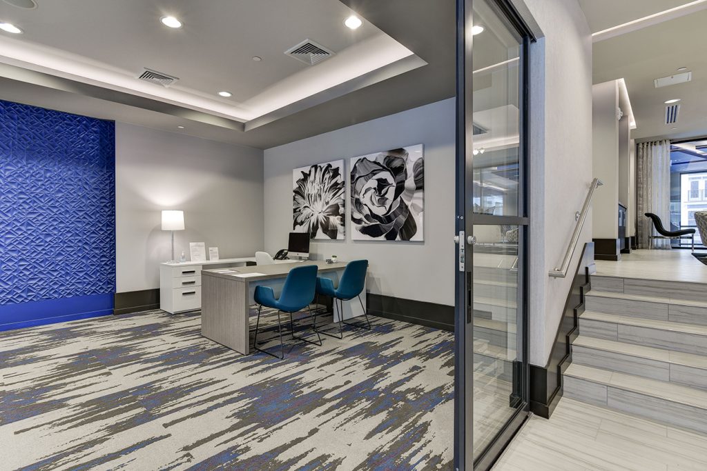 Leasing offices with sliding glass door and modern interior design