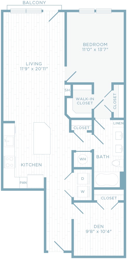 A1U floor plan, 1 bedroom, 1 bathroom with den