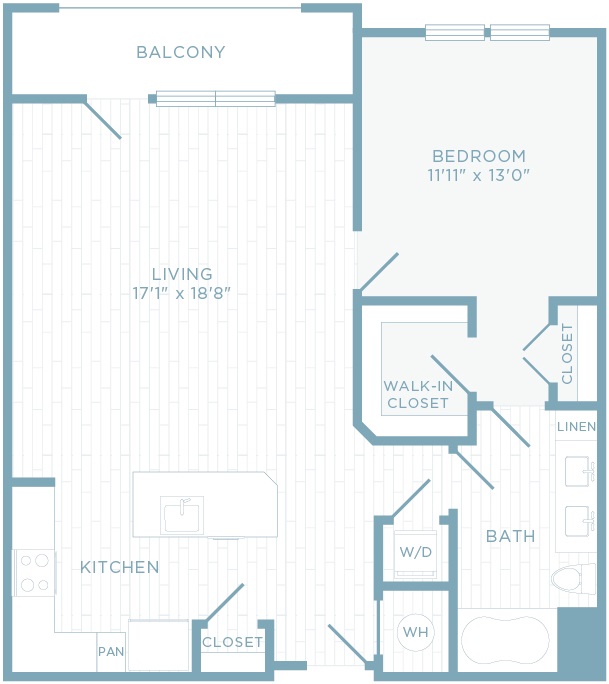 A1S floor plan, 1 bedroom, 1 bathroom