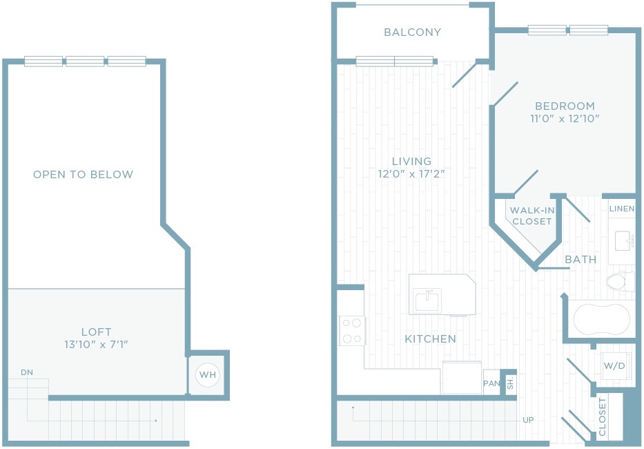 A1P floor plan, 1 bedroom, 1 bathroom, and loft