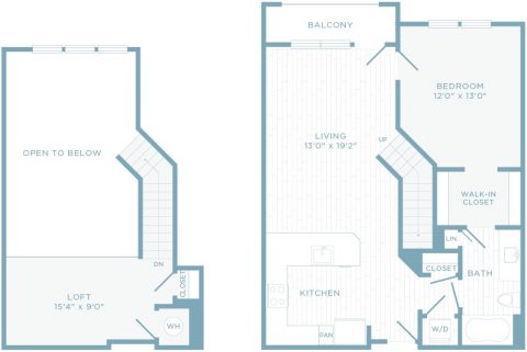 A1O floor plan, 1 bedroom, 1 bathroom, and loft