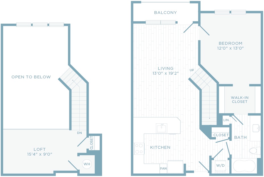 A1O floor plan, 1 bedroom, 1 bathroom, and loft