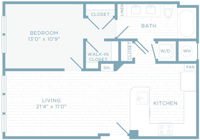 A1G floor plan, 1 bedroom, 1 bathroom