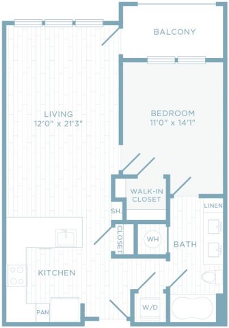 A1E floor plan, 1 bedroom, 1 bathroom