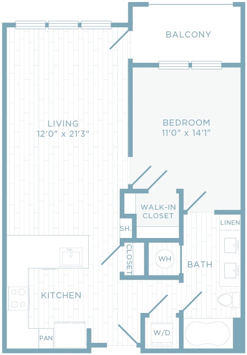 A1E floor plan, 1 bedroom, 1 bathroom