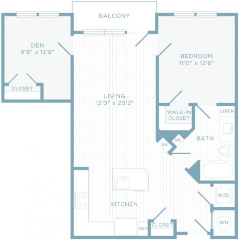 A1Q floor plan, 1 bedroom, 1 bathroom with den