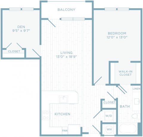 A1T floor plan, 1 bedroom, 1 bathroom with den