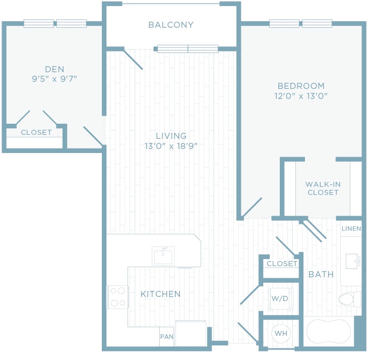 A1T floor plan, 1 bedroom, 1 bathroom with den