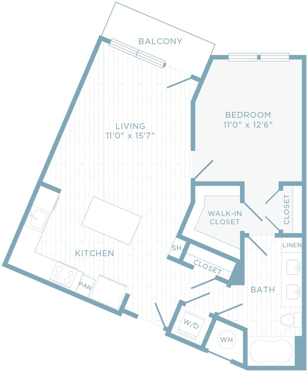 A1K floor plan, 1 bedroom, 1 bathroom with den