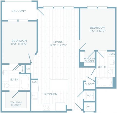 B2B floor plan, 2 bedroom, 2 bathroom