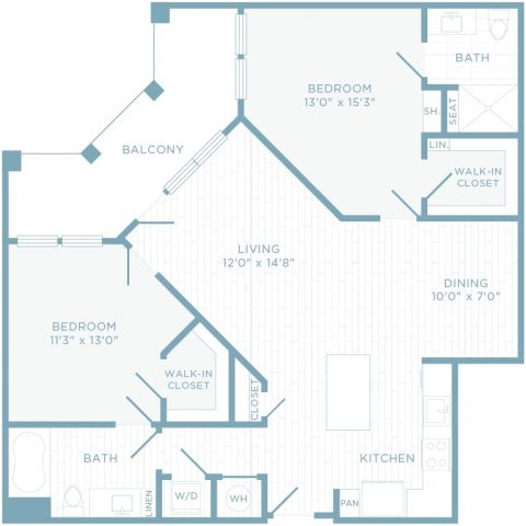 B2O floor plan, 2 bedroom, 2 bathroom